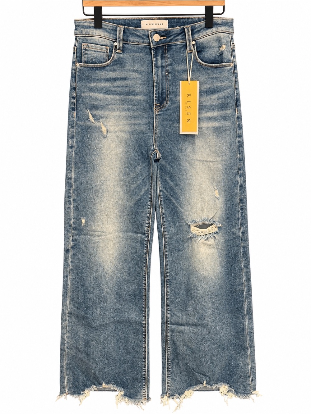 NWT RISEN BOUTIQUE Wide Leg High-Rise Medium Blue Flare Jeans w/Raw Hem Sz 15
